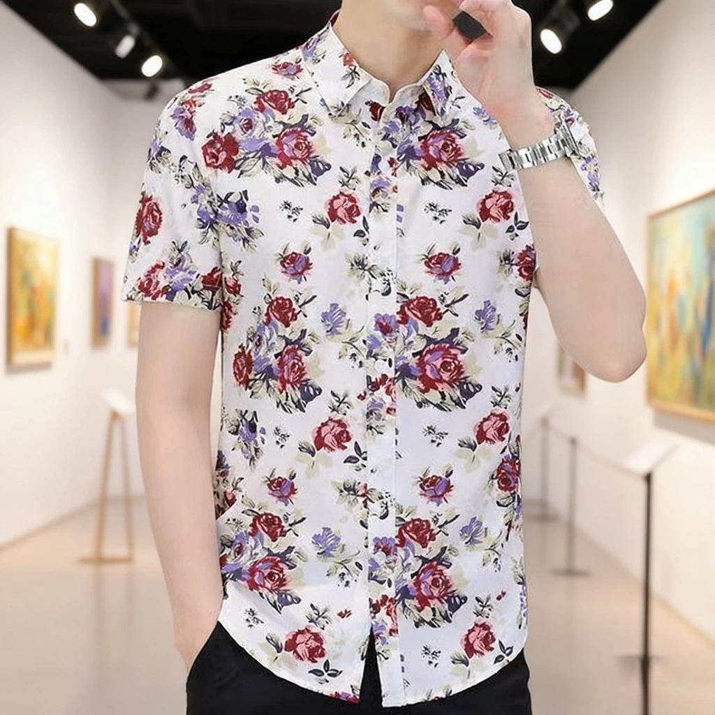 เสื้อเชิ้ตผู้ชายลายดอกแขนสั้น สไตล์วินเทจ thumbnail 5