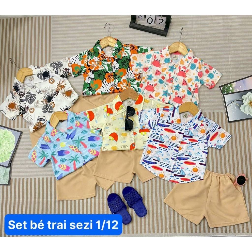 ชุดเซ็ตเด็ก 6 เดือน - 2 ขวบ เสื้อคอปก กระดุมหน้า ลายซัมเมอร์ ชุดเด็กผู้ชาย FAS0052