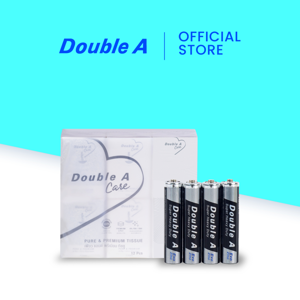 [เซตคู่] Double A Care เพียว & พรีเมียมทิชชู มินิพ็อกเกต 10 แผ่น/ชิ้น 12 ชิ้น/แพ็ก คู๋ ถ่านคาร์บอนซิงค์ AAA แพ็ก 4 ก้อน ราคา ถูกที่สุด ดีลบีเคเค