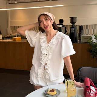 𝙎𝙪𝙣𝙨𝙝𝙞𝙣𝙚 𝙨𝙚𝙩✨☀️ชุดเซตผ้าดับบี้แขนพองแบบสั้นแต่งระบายขอบเสื้อน่ารักเหมาะกับหน้าร้อนแบบนี้ มาคู่กับกางเกงขาสั้นแบบพอง