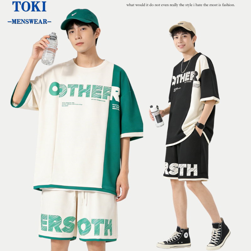 TOKI-ชุดเชตผู้ชาย สีดำ สีขาว ลําลอง เสื้อ+กางเกงขาสั้น เสื้อยืดคอกลมเเขนสั้นยืดนิ่มเเละกางเกงขาสั้น เกาหลีแฟชั่น