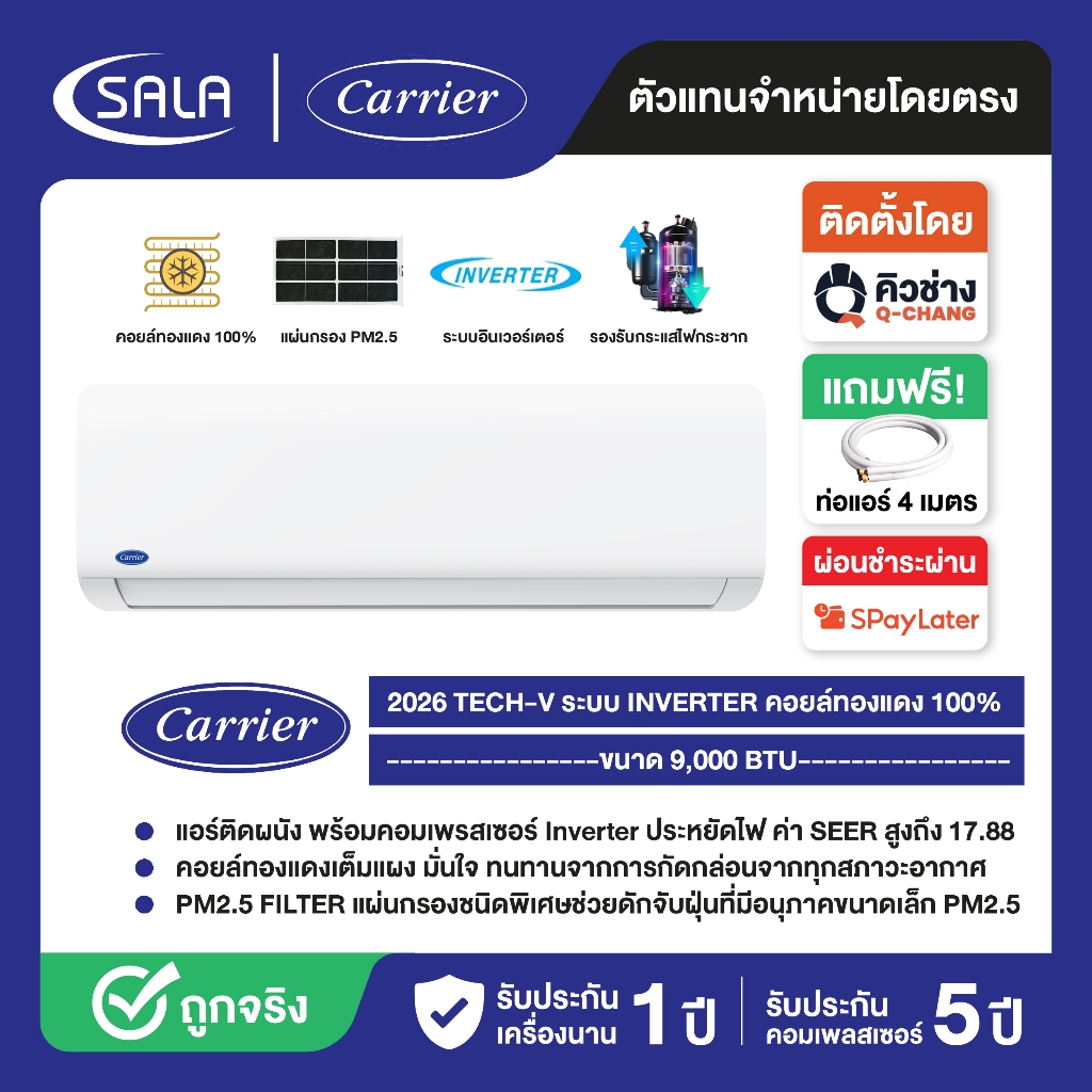 CARRIER เครื่องปรับอากาศ TECH V ขนาด 9,000 BTU รุ่น NVAA010 ระบบ INVERTER คอยล์ทองแดง รุ่น NVAA มีแผ่นกรอง PM2.5