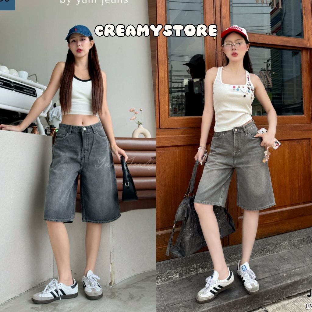 CreamyStore กางเกงยีนส์ขาสั้น ขา5ส่วน ผ้าไม่ยืด ป้ายYam Jeans