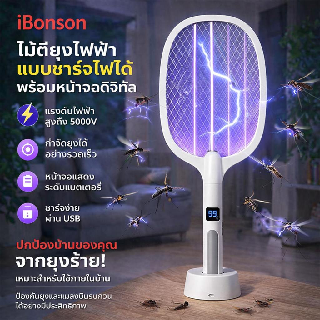 รับประกัน 5 ปี💡 ไม้ตียุง ไม้ตียุงไฟฟ้า 5000V แสงสีม่วงล่อยุง ชาร์จแบบไร้สาย แบตเตอรี่ 1200mAh คุณภาพดี มีประกัน