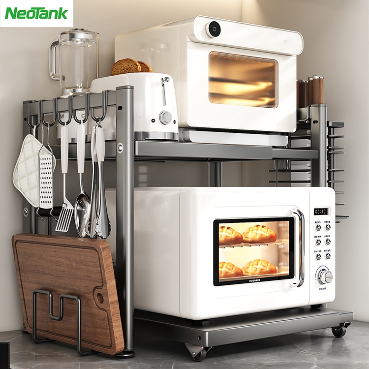 NeoTank ชั้นวางไมโครเวฟ สแตนเลส มีถาดเลื่อน ปรับระดับได้ พร้อมตะขอแขวน จัดระเบียบครัว แข็งแรงทนทาน