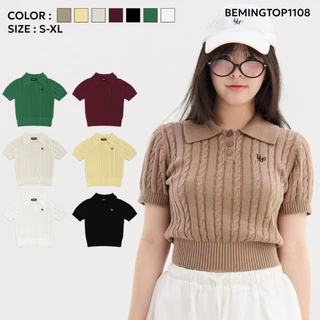 Bemingtop1108(S-XL)-BMG Cozy Knit Polo -เสื้อโปโลแขนสั้นลายถักเปียดีไซน์คอปกกระดุมหน้าปักโลโก้ BMG
