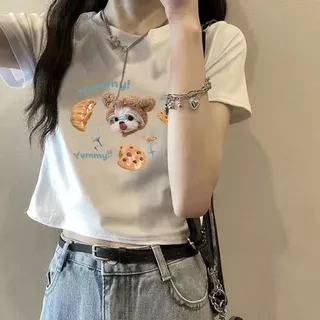 เสื้อครอปแขนสั้น ผ้าคอตตอนผสม สกรีนลายสวยๆ E8015