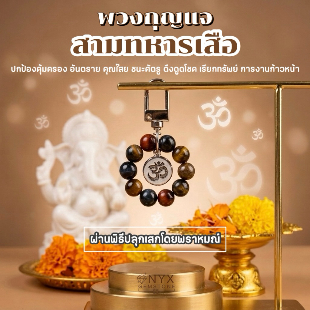 พวงกุญแจ หินนำโชค Tiger eye สามทหารเสือ 8mm. ผ่านพิธีปลุกเสกโดยพราหมณ์