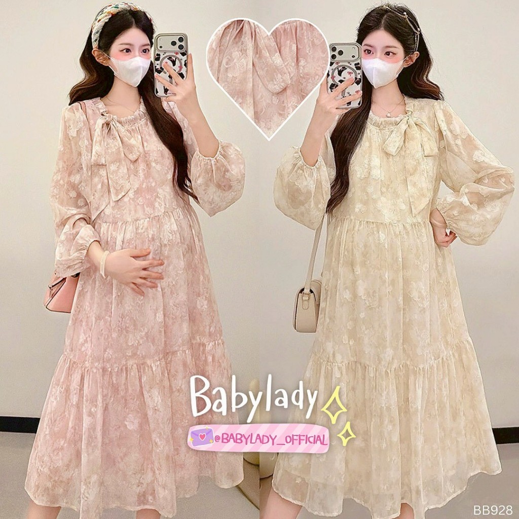[BB 928] ชุดคลุมท้อง | BABYLADY ♡ - เดรสชีฟอง ลายดอก คอผูกโบว์ แขนจั๊ม เอวปรับ มีซับใน