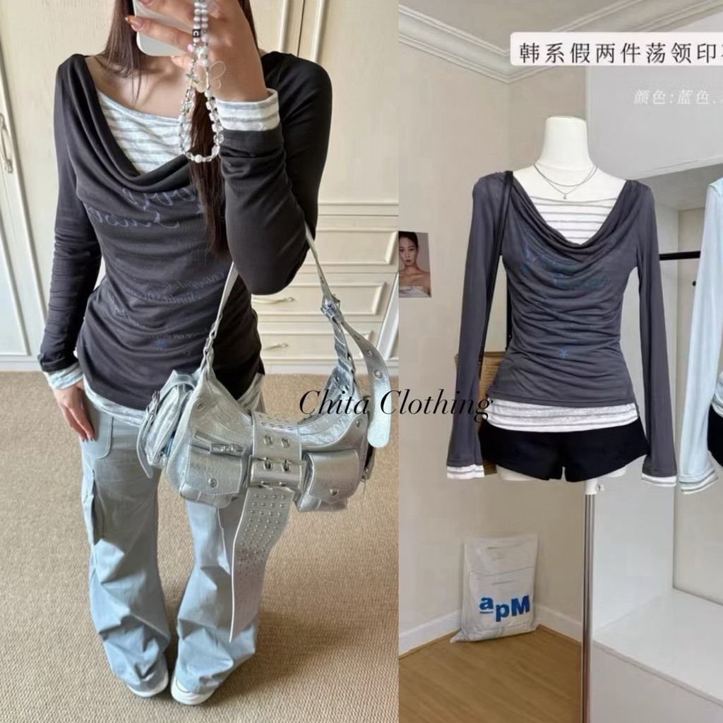 📍พร้อมส่ง📍6843 เสื้อแขนยาวคอถ่วง ด้านในเย็บติดายริ้ว เนื้อผ้ายืดหยุ่น ทรงสวย  TAG: SIMIDA 🇰🇷