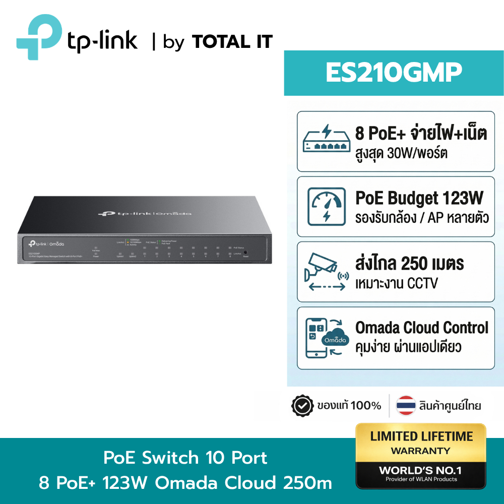 TP-Link ES210GMP 10-Port Gigabit (8-Port PoE+ 123W) Switch จัดการง่าย Omada Cloud