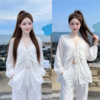 Sunshine Blouse เสื้อคอวีแขนยาวตัวยาว เสื้อคอวีแขนสั้นแต่งจีบอกผูกโบว์ที่อก ลายดอกไม้ น่ารัก เกาหลี สาวอวบ Sheeny (S051)
