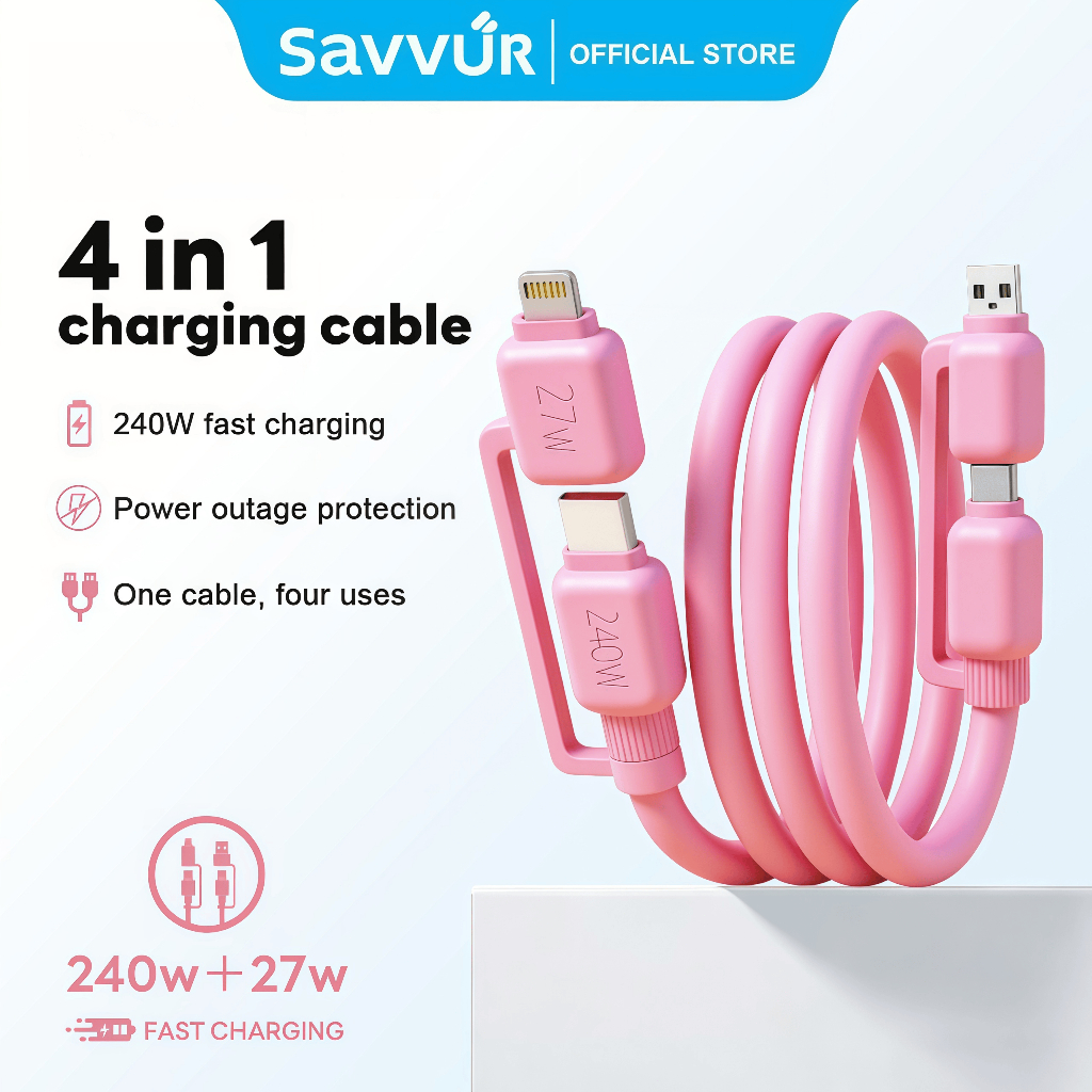 Savvur สายชาร์จเร็ว 4 in 1 1.5M 240W 27W รองรับ USB-A to Type-C/Li-gh-tn-ing สำหรับการใช้งานที่ต่อเน
