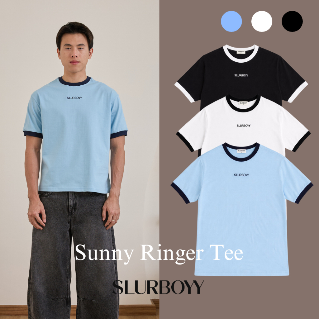 (ส่งด่วน กทม 4 ชม.) SLURBOYY Sunny Ringer Tee เสื้อยืดทรง Boxy เนื้อผ้าคอตตอน งานปัก (SB0851)