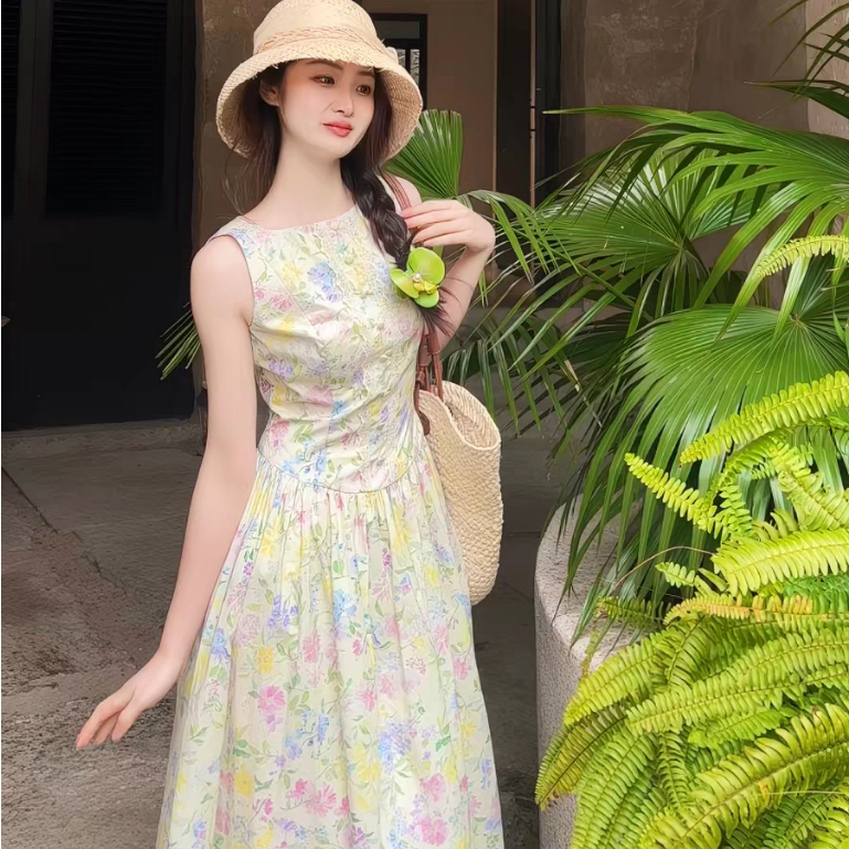 ส่งพร้อมส่ง เดรสเสื้อกล้ามลายดอกไม้สีสันสดใส สไตล์ฝรั่งเศสชนบท ทรงรัดเอวผอมสง่างาม หลวมสบาย เหมาะท่องเที่ยวฤดูร้อน