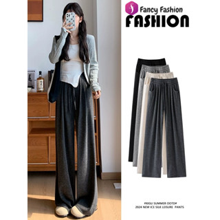 Fancy กางเกงขากระบอกใหญ่ กางเกงขายาวผู้หญิง เอวสูง ผ้าทิ้งตั…