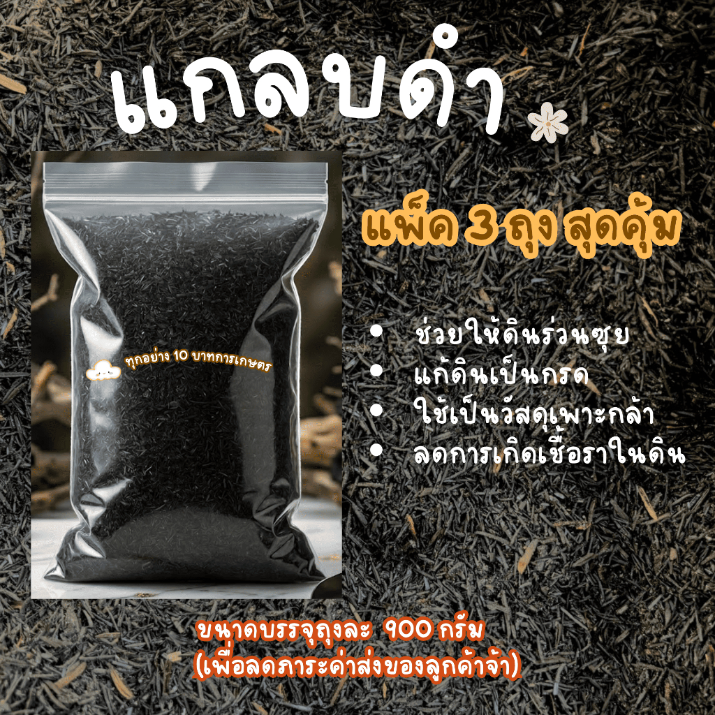 แกลบดำ (แพ็ค 3 ถุง ถุงละ 900 กรัม) วัสดุปลูกต้นไม้ ช่วยปรับปรุงดิน ระบายน้ำดี แบ่งขายเป็นถุง