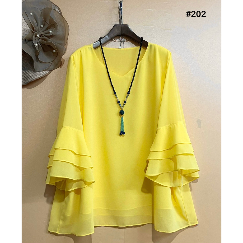 เสื้อชีฟอง (อก 50“-56"งานไทย)คอวีเหลี่ยม แขนระบาย3ชั้น ไซส์ใหญ่ รหัส#202