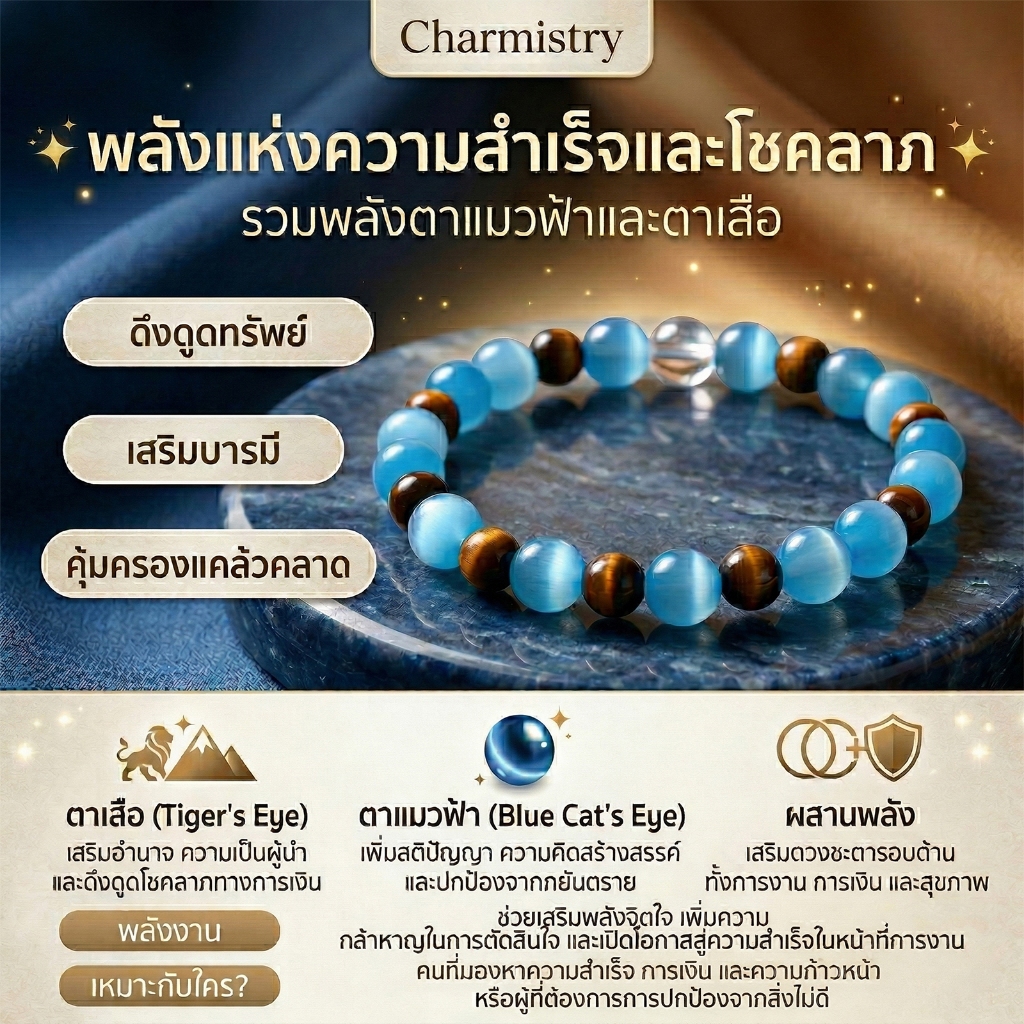 Charmistry-สร้อยข้อมือหินตาแมวสีฟ้าเอิร์ธโทน ตกแต่งด้วยหินตาเสือและหินตาแมวโทนทะเล (พลังบวก ใจนิ่ง)มีกล่องของขวัญ
