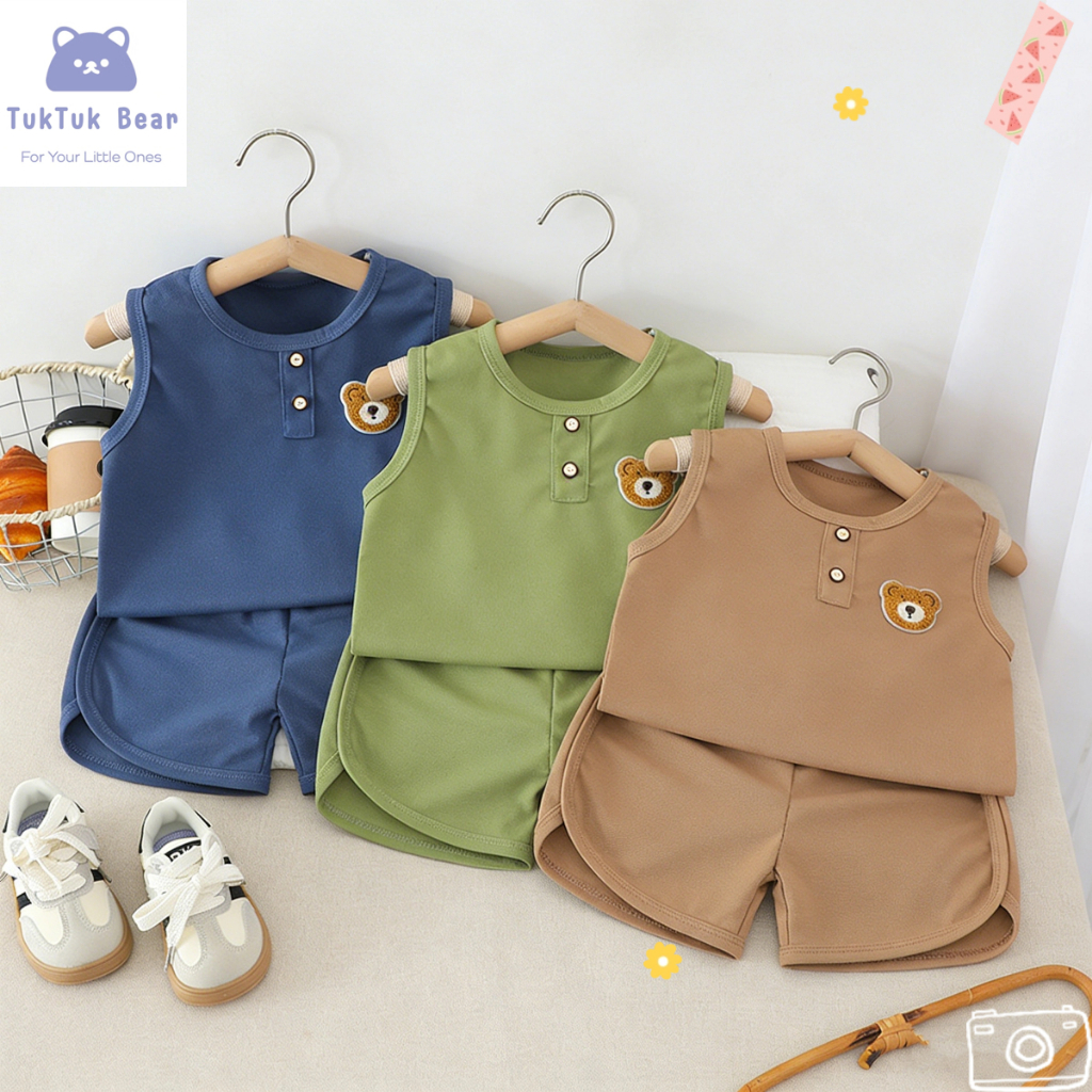 ชุดเสื้อแขนกุดเด็ก เสื้อกล้าม+กางเกงขาสั้น ปักลายหมี สีพื้น มีหลายสีให้เลือก ไซส์80-130