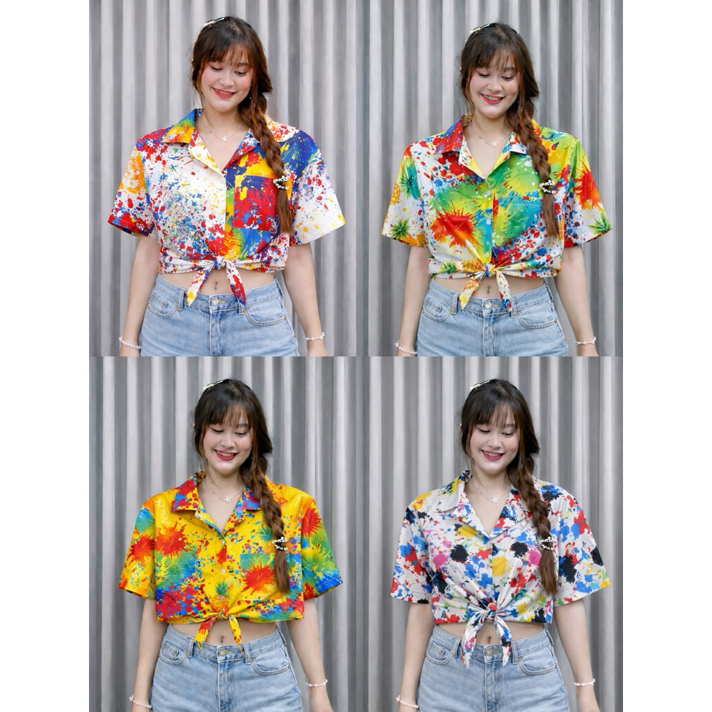 เสื้อลายดอก ฮาวาย ครอป ผูกเอว ชุดสงกรานต์