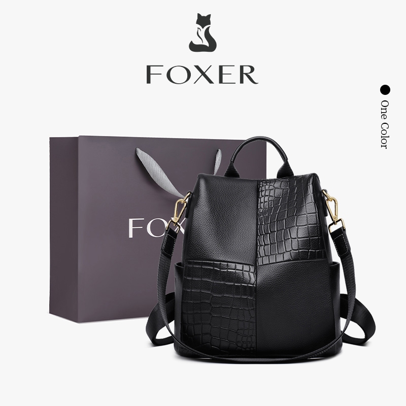 FOXER กระเป๋าเป้หนังแท้ เนื้อสัมผัสหนังที่โดดเด่น กระเป๋าเป้คุณภาพ ความจุขนาดใหญ่ สไตล์ Unisex