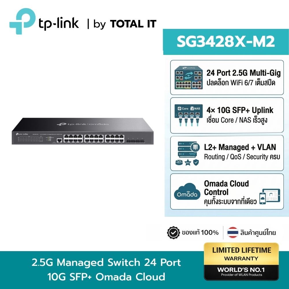 TP-Link SG3428X-M2 | Switch 24 พอร์ต 2.5G + 4 ช่อง 10G SFP+ | L2+ Managed จัดการผ่านคลาวด์ ประกันศูน