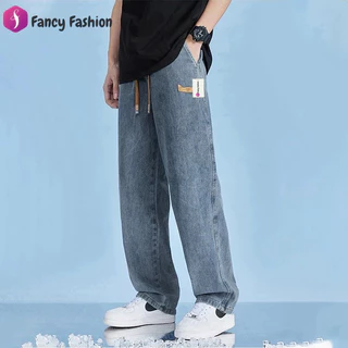 Fancy Fashion กางเกงยีนส์ยาวชาย ทรงกระบอกเอวสูง ใส่สบาย เอวยางยืด ปรับเอวด้วยเชือก เท่ๆเข้ากับทุกแนว