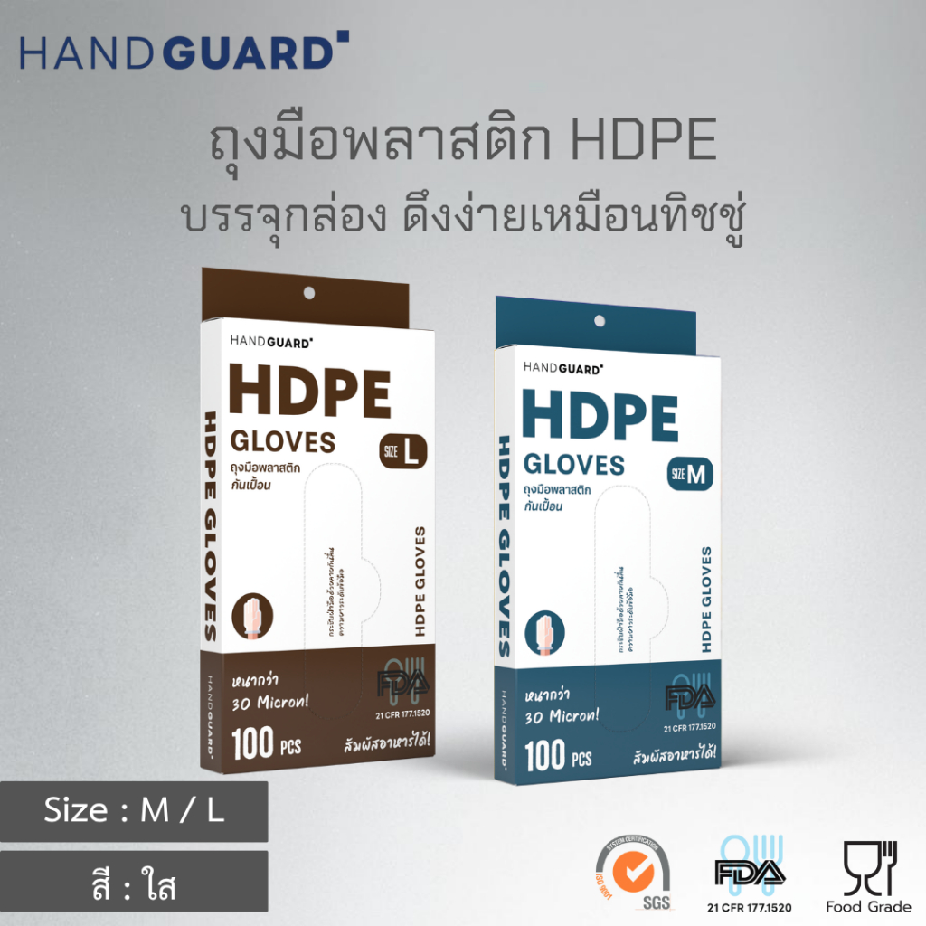 ถุงมือพลาสติก Hand Guard ชนิด HDPE หนา เหนียว ยาวเลยข้อมือ (Food grade) 100 ชิ้น / กล่อง