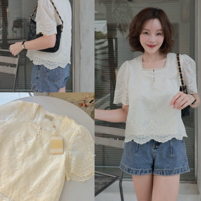 Chaline เสื้อคอเหลี่ยมงานผ้าคอตตอนsilk ปักลายในเนื้อผ้า