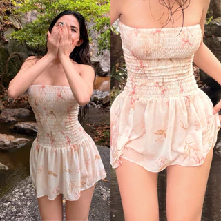 April Dress มินิเดรสสั้น เดรสเกาะอก ผ้าชีฟองเนื้อบาง พร้อมส่งในไทย ป้าย Sinitra Shop