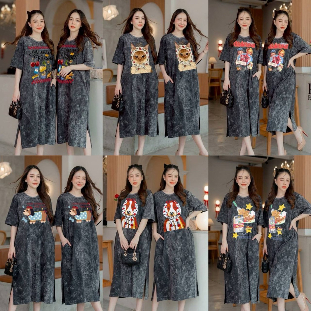 แม็กซี่เดรสคอกลม แขนสั้น กระเป๋า2ข้าง โทนสีที่หลากหลาย รอยผ่าด้านข้าง