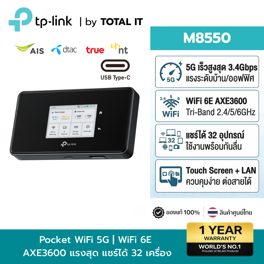 TP-Link M8550 5G Mobile Wi-Fi Router AXE3600 พ็อกเก็ตไวไฟ 5G Wi-Fi 6E ใส่ซิม จอทัชสกรีน