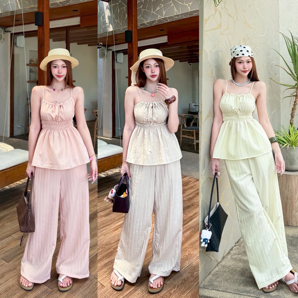 Vanila เซ็ต2ชิ้น เสื้อสายเดี่ยวผูกโบว์ปรับสายได้ มาพร้อมกางเกงเอวยางยืดมีกระเป๋าข้างเนื้อผ้านุ่มใส่สบาย