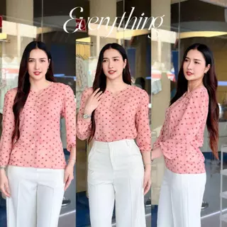 Everything2019 - เสื้อคอวีแต่งกระดุมปั๊ม แขนบอลลูนยาว ลายสวย สีชัด มีหลายไซส์ พร้อมส่ง (6288)