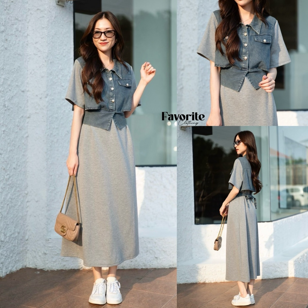 Jeans Patch Cotton Short Sleeve Back Bow Maxi Dress