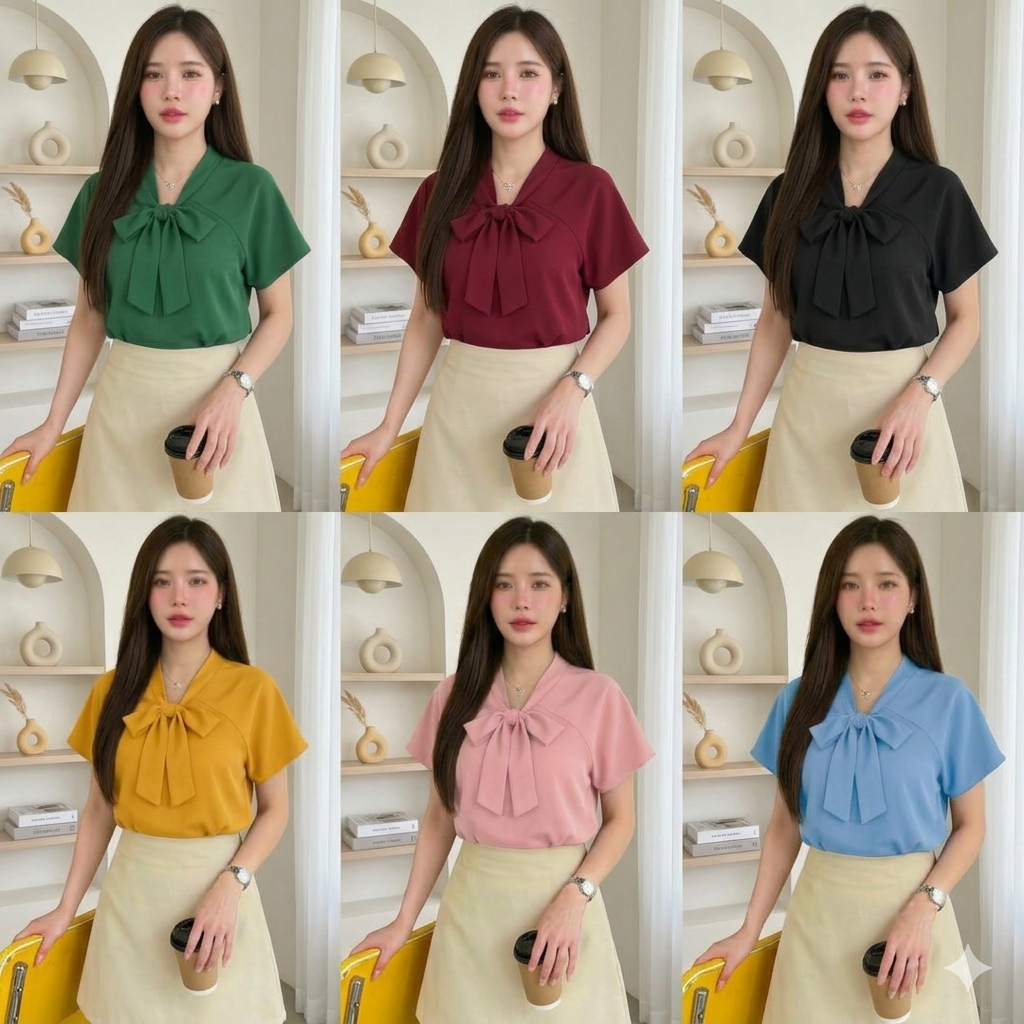 เสื้อแขนสั้นไหล่สโลป คอโบว์หน้า ใส่ทำงานใส่ทางการ สาวออฟฟิศน่ารักอก32-44 ครบสีทุกโอกาส