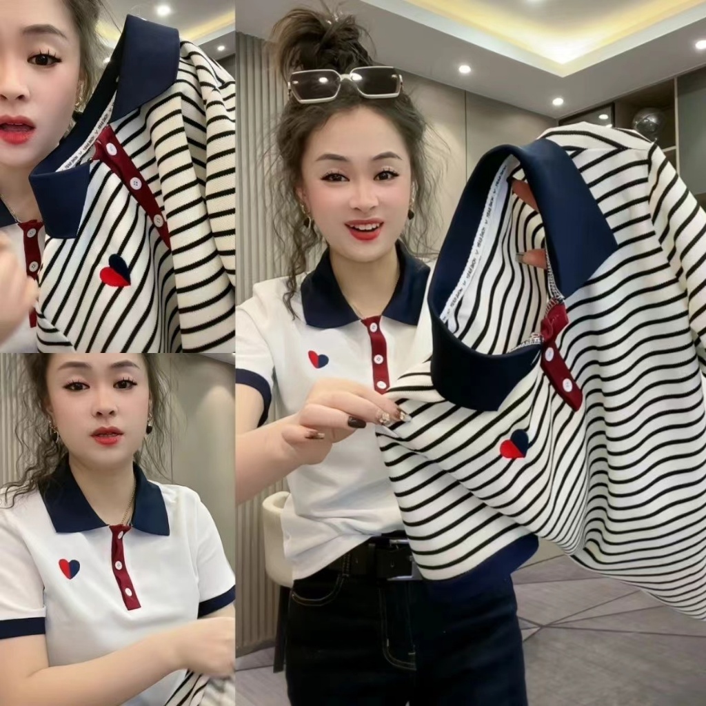 เสื้อโปโลแฟชั่นฤดูร้อนใหม่ปี 2026 ดีไซน์สีตัดกัน ปักลายหัวใจและแถบ ทรงหลวม ใส่สบาย อเนกประสงค์ ทันสมัย