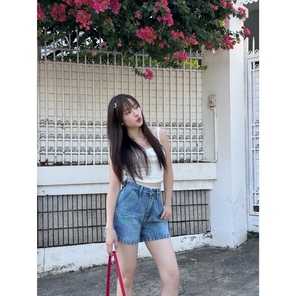 ยีนส์SARAN P20 กางเกงยีนส์ขาสั้นขอบลูกไม้