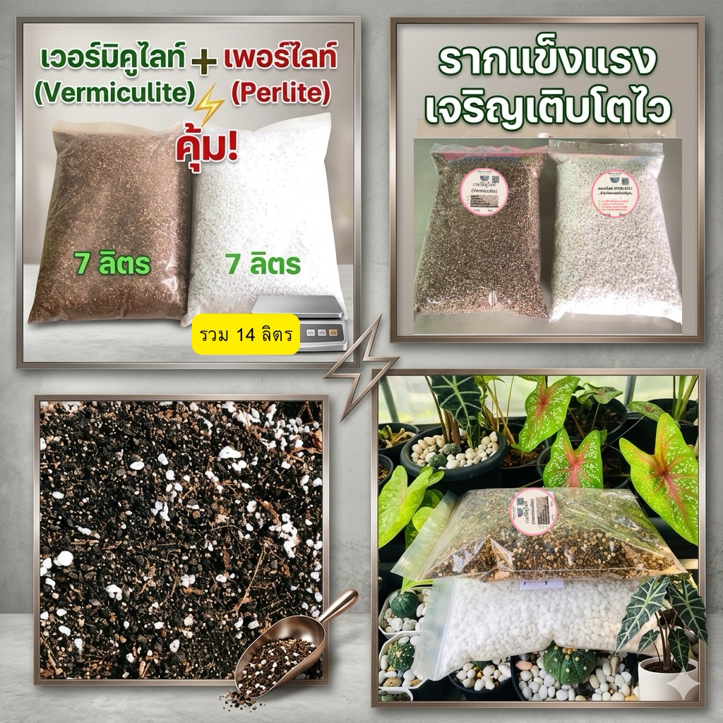 เพอร์ไลท์และเวอร์มิคูไลท์ แพ็คคู่ 7 ลิตร บวก 7 ลิตร ถุงใหญ่ใช้นาน