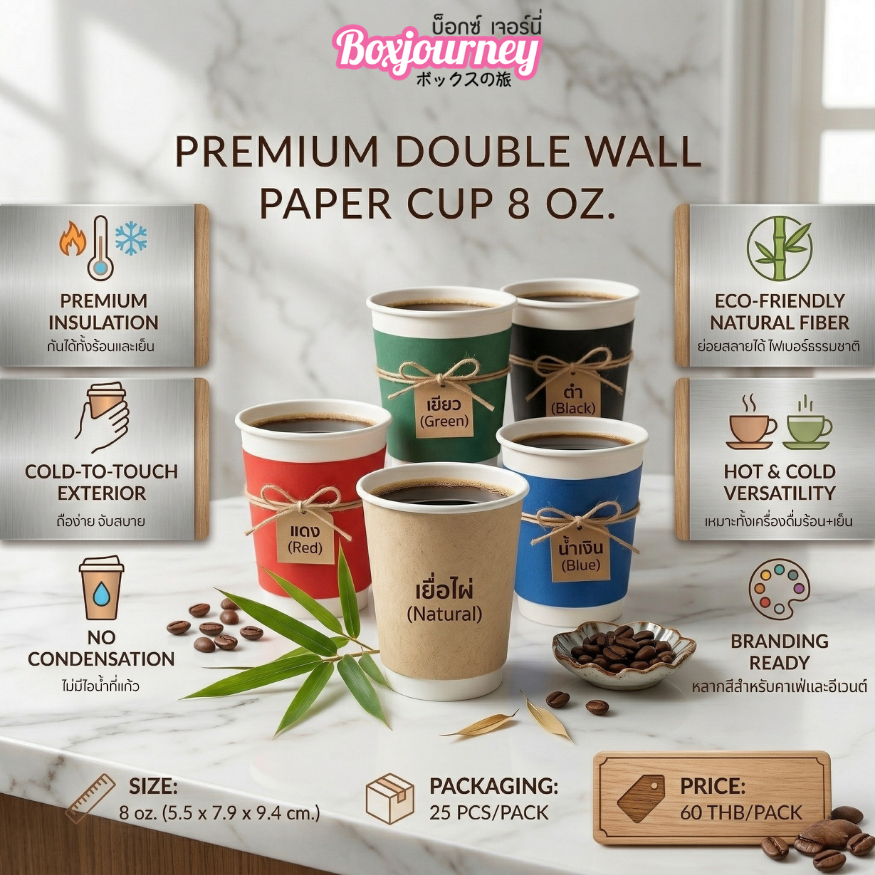 Boxjourney แก้วกระดาษพร้อมฝา 2 ชั้น Double Wall 8 oz. (25 ชิ้น/แพ็ค)