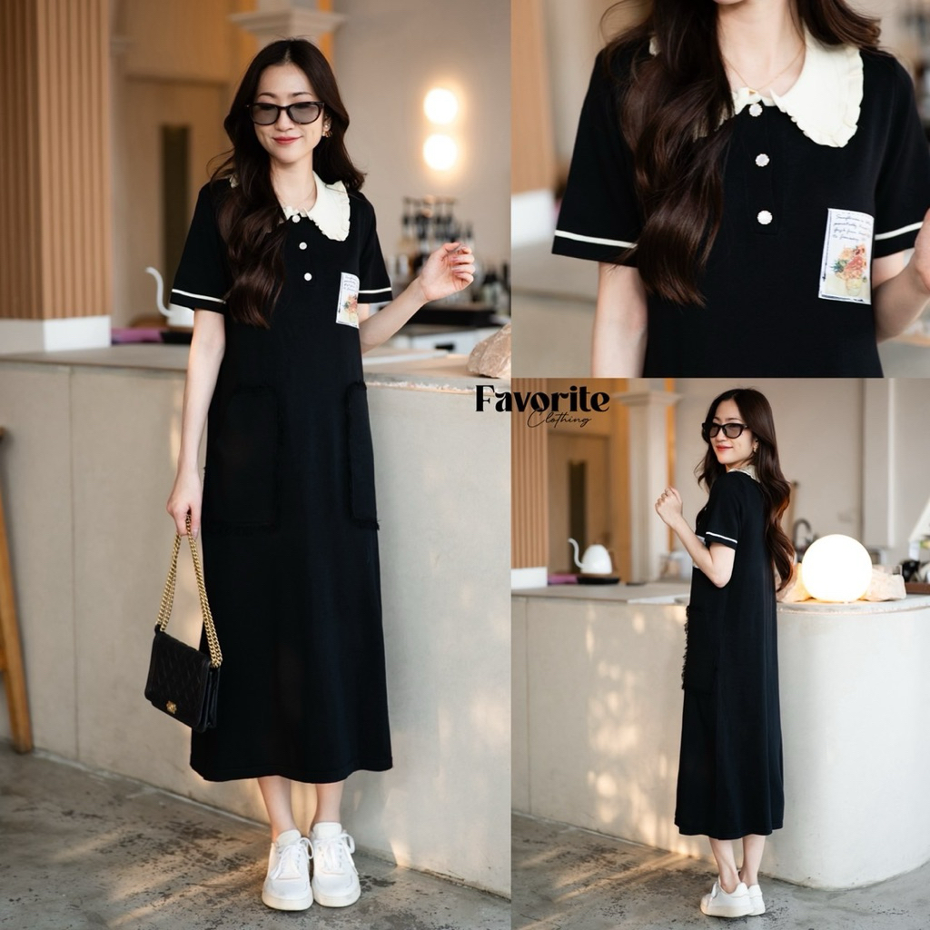 🌈🌿🌸🌼🌺🖤🤍🇰🇷 Knit LT white Collar Maxi Dress