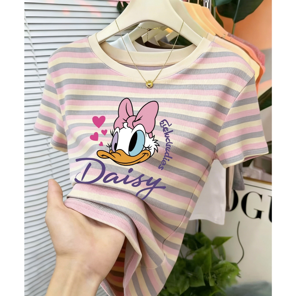 เสื้อยืดลายเดซี่ดั๊ก M-3XL สีพาสเทลลายทาง สไตล์เกาหลี ใส่สบาย ผ้านุ่ม ใส่ได้ทุกวัน