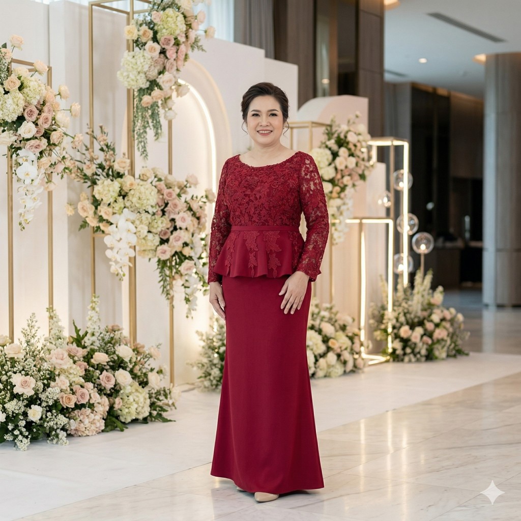 ชุดราตรีแม่เจ้าสาว เจ้าบ่าว  SIZE 7XL ตอนกลางวัน กลางคืน เช้า แขนยาว สวยหรู ดูผู้ดี PFL148-RED แดง