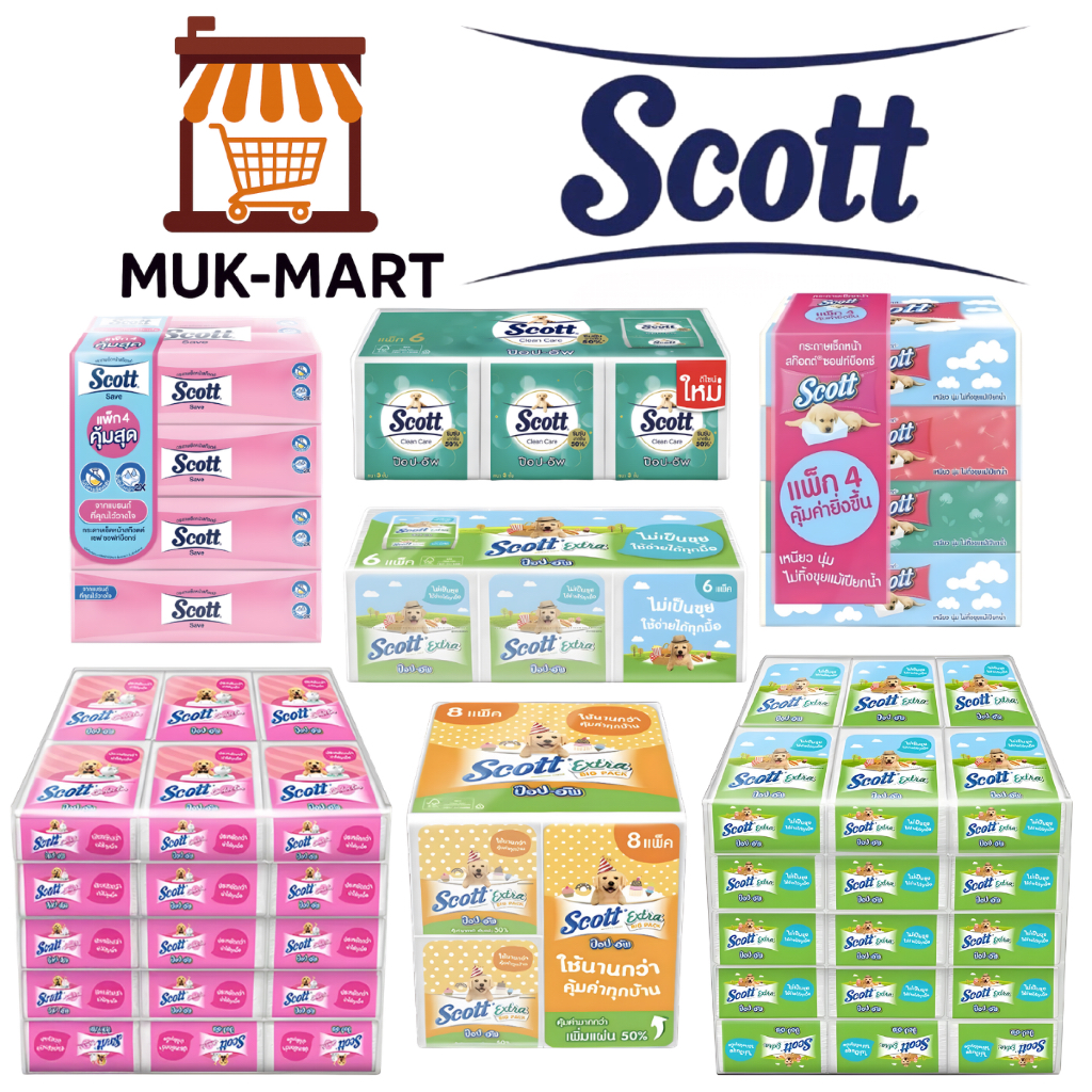 SCOTT กระดาษเช็ดหน้าแบบ Pop Up – Extra Big 8, Extra Care 6, Extra 6, Napkins 50x30, Napkins 86x30