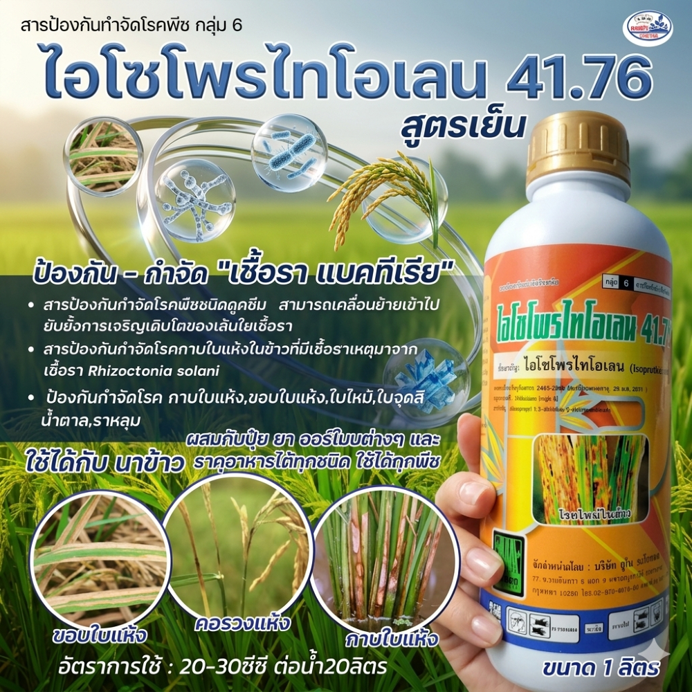 ไอโซโพรไทโอเลน41.76 ขนาด1ลิตร ป้องกันกำจัดเชื้อรา-แบคทีเรีย คอรวงแห้ง ราหลุม กาบใบแห้ง ใบไหม้ ใบจุดสีน้ำตาล