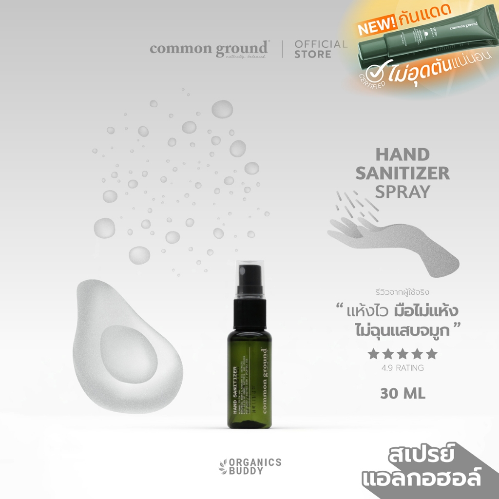 Common Ground Alcohol Hand Sanitizer Spray สเปรย์แอลกอฮอล์ 77.7% ฆ่าเชื้อโรค 99.9% มือไม่แห้ง 30ml