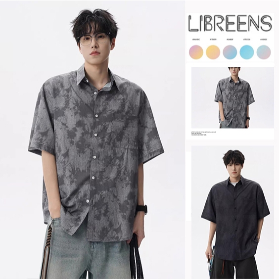 เสื้อเชิ้ตแขนสั้นผู้ชาย สไตล์เกาหลีลายย้อมสี ผ้าไอซ์ซิลค์ ทรงหลวม ระบายอากาศสบาย เอนกประสงค์