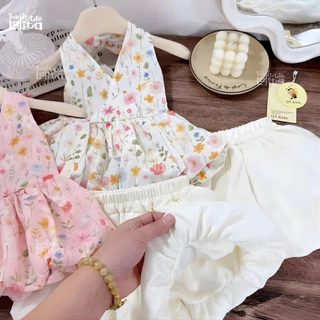 ✅พร้อมส่ง 👧🏻🌸ชุดเซทเด็กผู้หญิง2ชิ้น Summer เสื้อผูกคอลายดอกไม้สม็อคหลัง+กางเกงขาตุ๊กตา มี2สีให้เลือกน่ารักฝุดๆงานเวียด🇻🇳