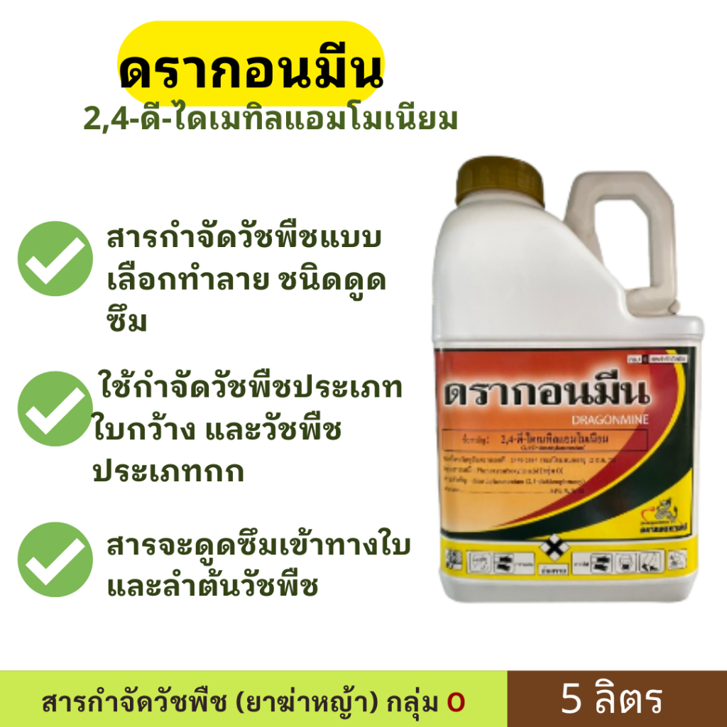 ดรากอนมีน (2,4-ดี-ไดเมทิลแอมโมเนียม) ขนาด 5 ลิตร ตราดรากอนซายน์ ใช้กำจัดวัชพืชประเภทใบกว้าง และวัชพืชประเภทกก